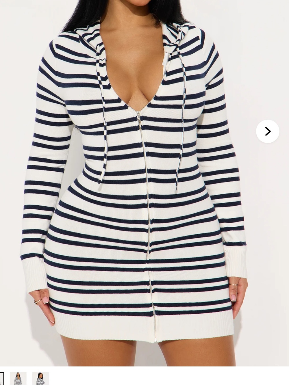 Fashion Nova White and Navy Striped Long Sleeve Hoodie Dress